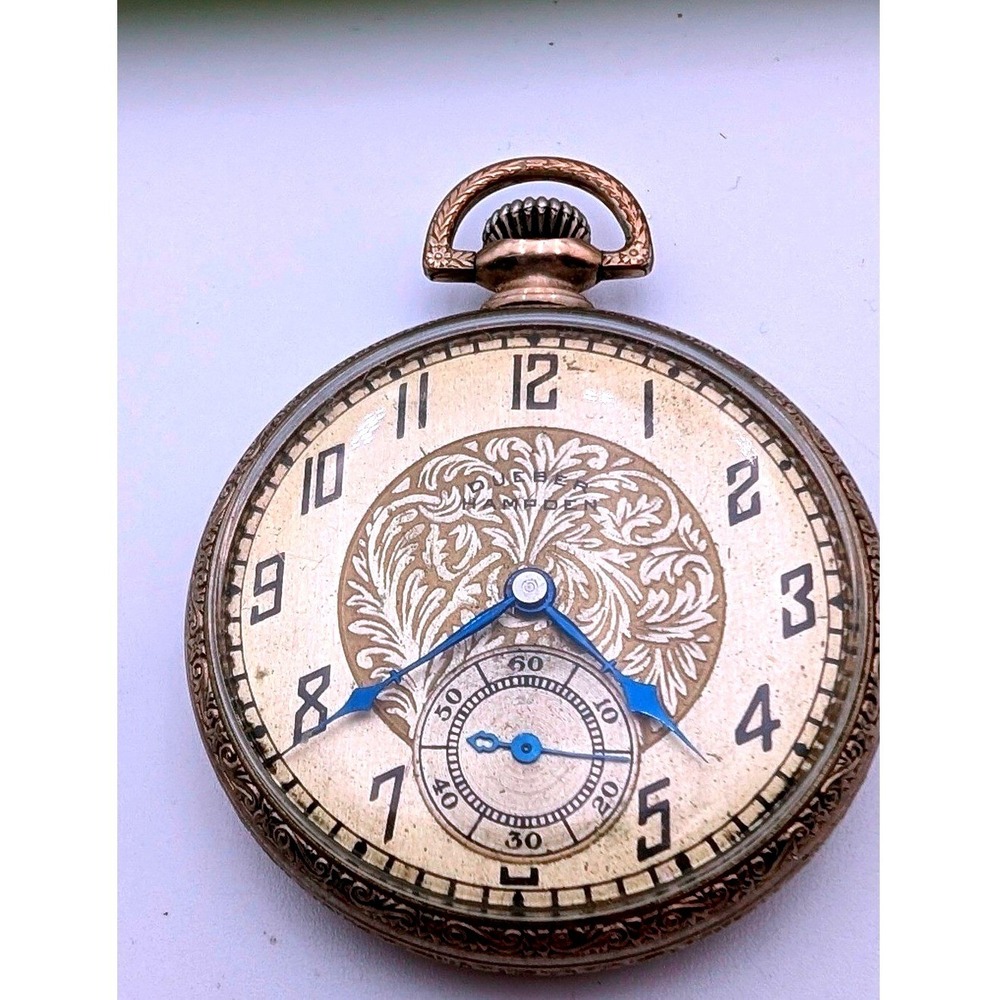 Antique Hampden Pocket Watch Engraved Gold Tone Dial Blue Hands Monogrammed Case